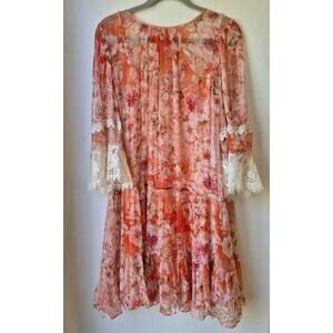 Yours Truly Johnny Was Silk Mini Floral Dress Tiered Lace Bell Sleeves